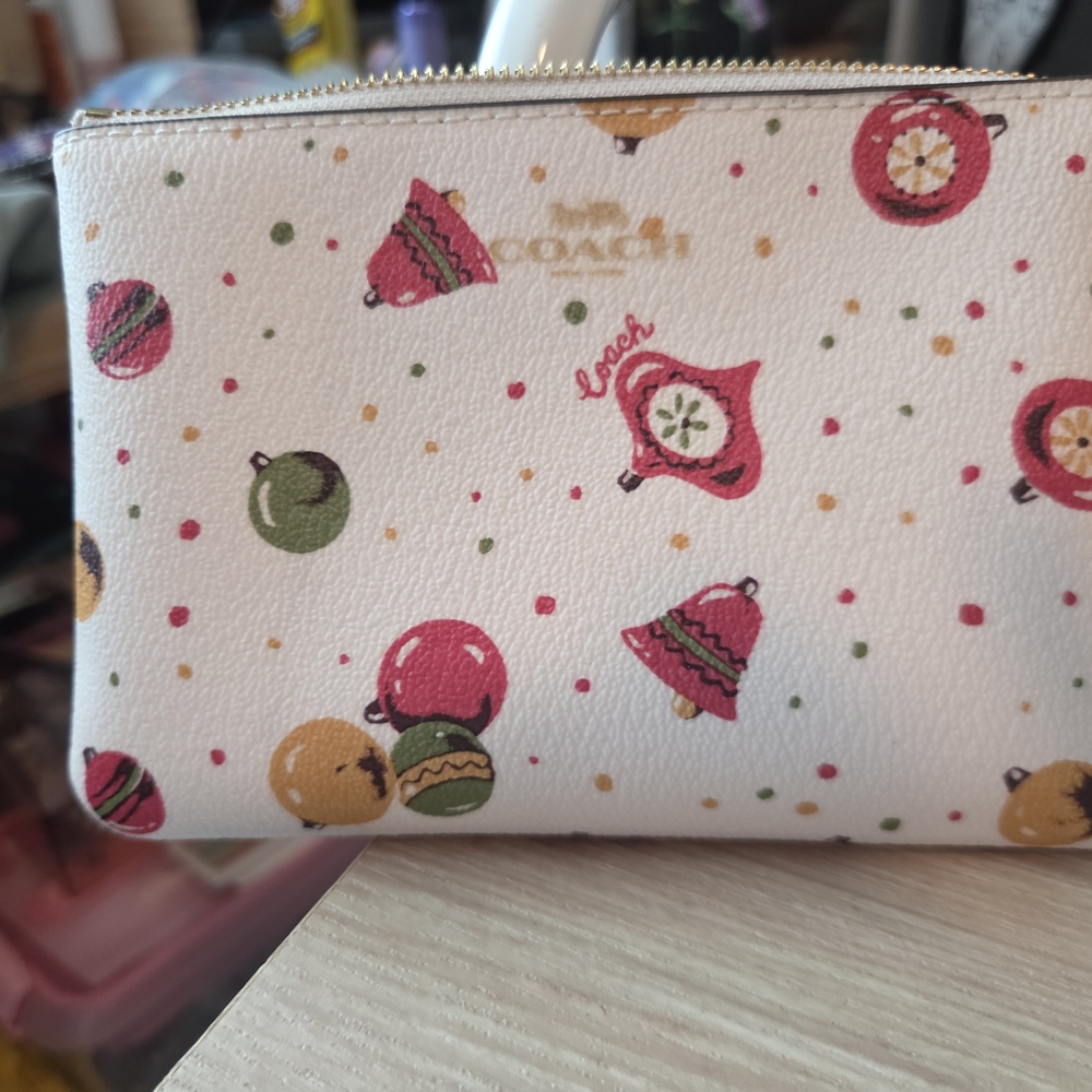 Coach White Wristlet with Holiday Ornament Print